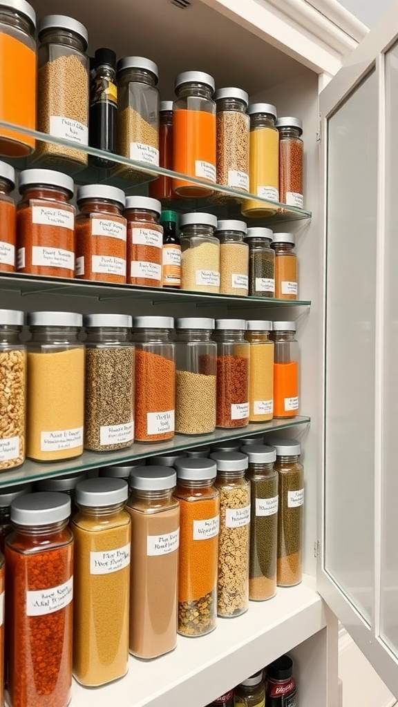 An organized spice cabinet with labeled jars of spices on tiered shelves.